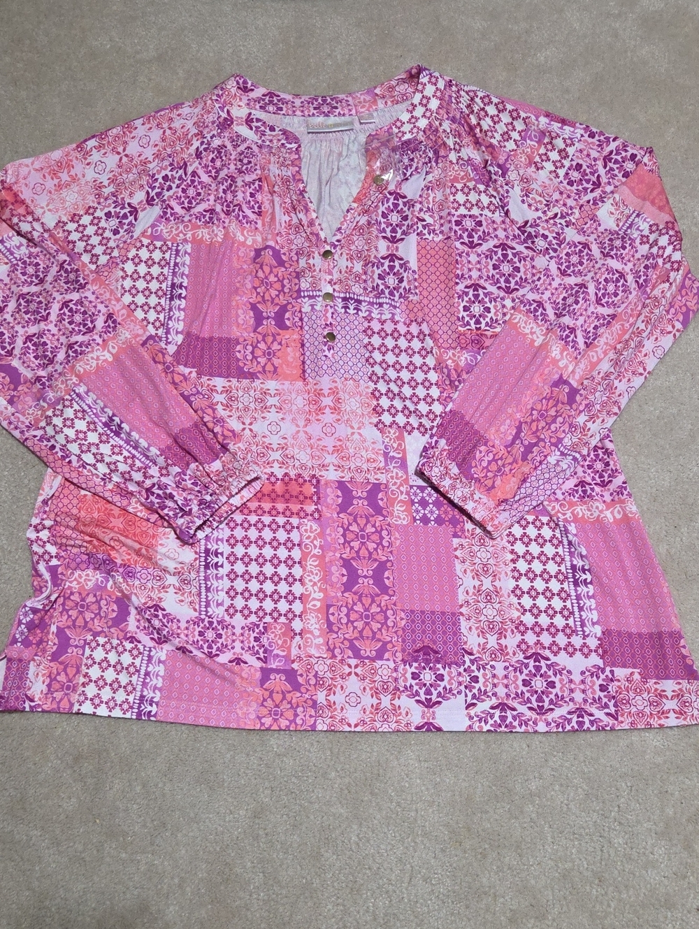 Belle by Kim Gravel Pink & Purple Patchwork Henley Tunic